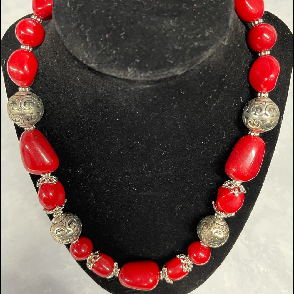 Red and silver bead necklace